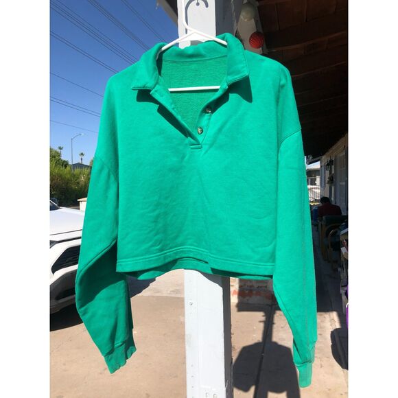Alo Yoga Tops - Alo Yoga Emerald Green Polo Henley Cropped Pullover Sweatshirt Luxury oversize M